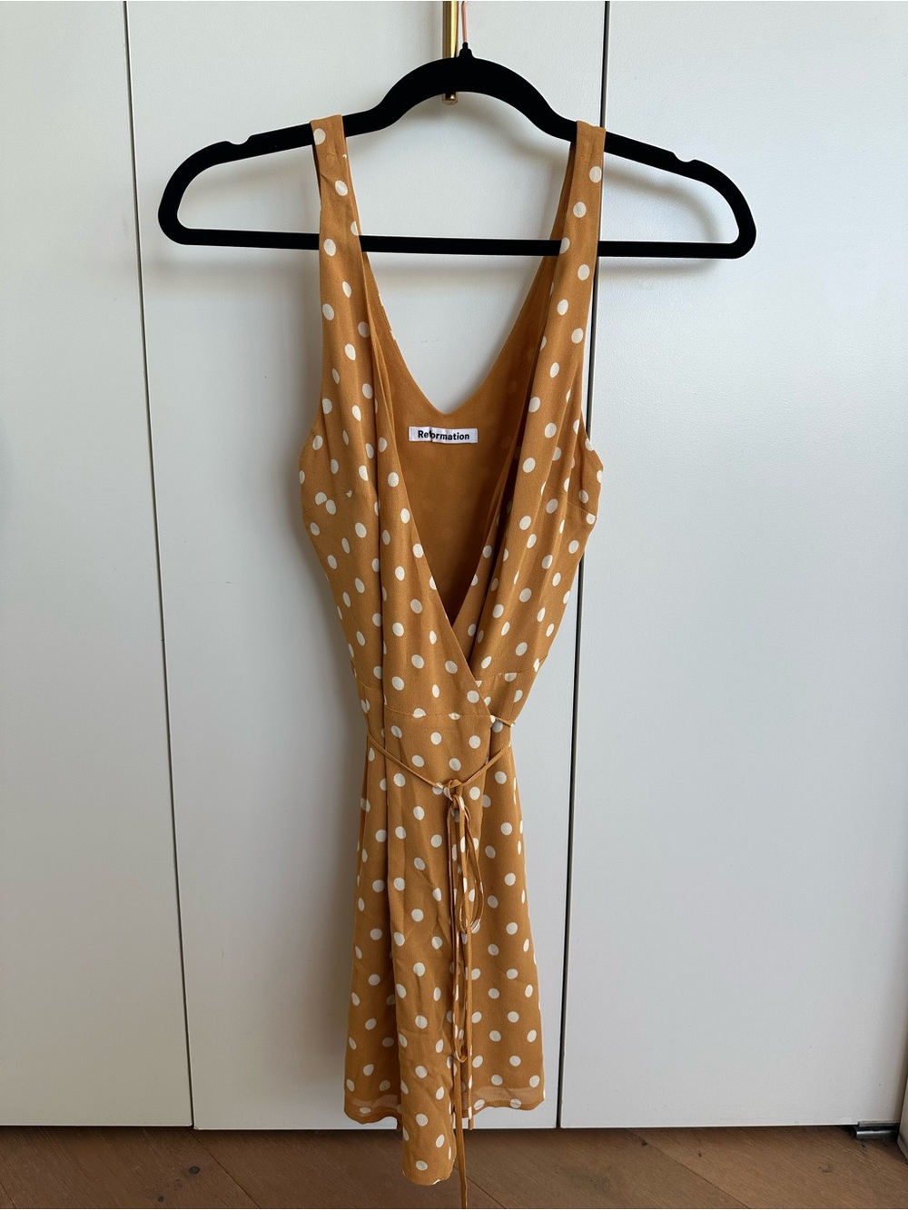 Reformation Mustard Yellow Polka Dot Wrap Mini Dress - size XS